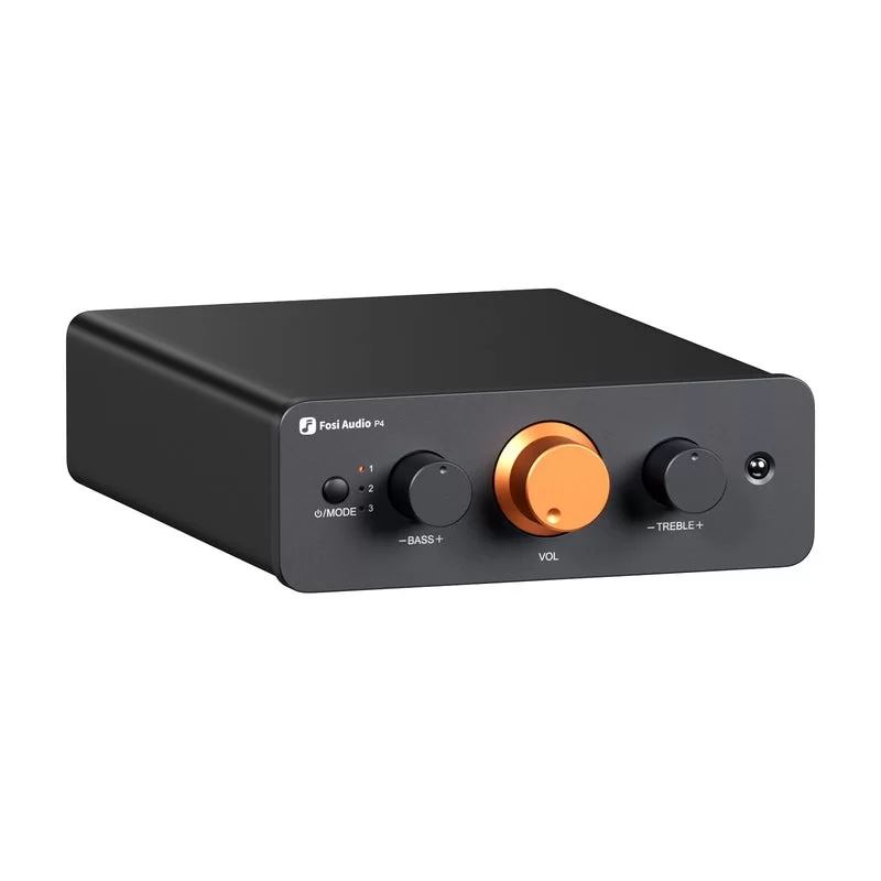 Fosi Audio P4 พรีแอมป์สำหรับระบบเสียงในบ้าน พร้อมอินพุต RCA 3 ตัว, EQ/Bypass การควบคุมโทนเสียง